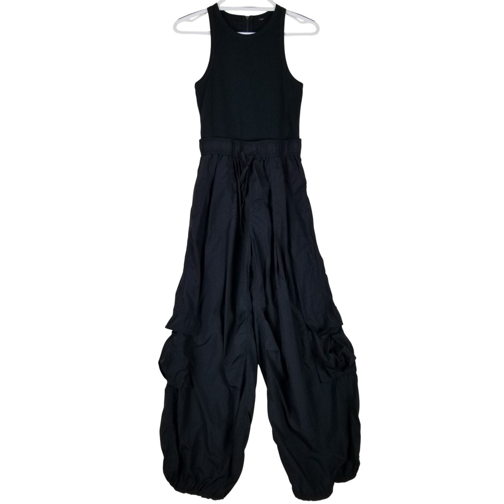 Urban Outfitters Jumpsuit Women XS Black Cargo Parachute Ribbed Mixed Media